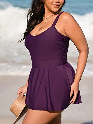 Plus Size Swimsuit for Women One Piece Bathing Suit Scoop Neck Ruffled Swim Dress Adjustable Straps