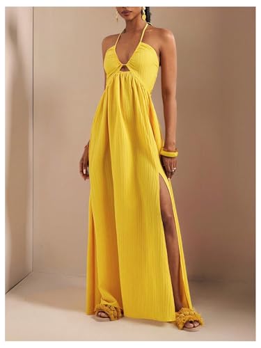 Women's Summer Halter Maxi Dress Sleeveless V Neck Split A Line Flowy Long Dresses Vacation Sundress