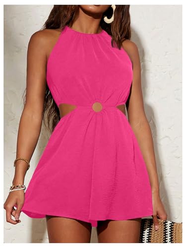 Women's Cut Out Sleeveless Romper Crew Neck Ruched Wide Leg Shorts Jumpsuit