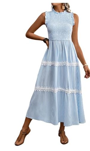 Women's Summer Long Dress Casual Boho Striped Sleeveless Smocked Tiered Ruffle Sundress