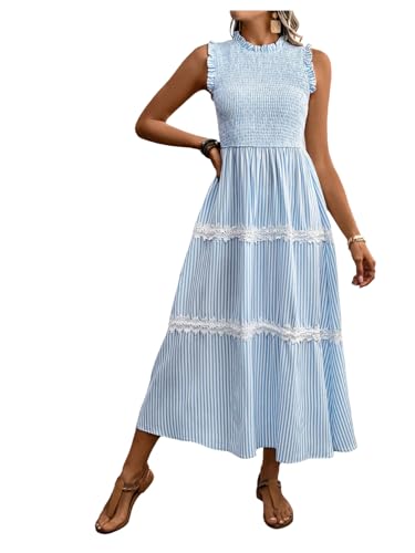 Women's Summer Long Dress Casual Boho Striped Sleeveless Smocked Tiered Ruffle Sundress