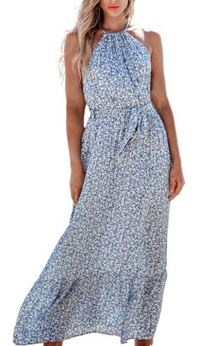 Women's Maxi Dress Halter Ditsy Floral Belted Sleeveless Ruffled Long Summer Casual Dress