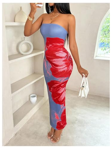 Women's Floral Print Tube Bodycon Long Dress Strapless Sleeveless Summer Maxi Dresses