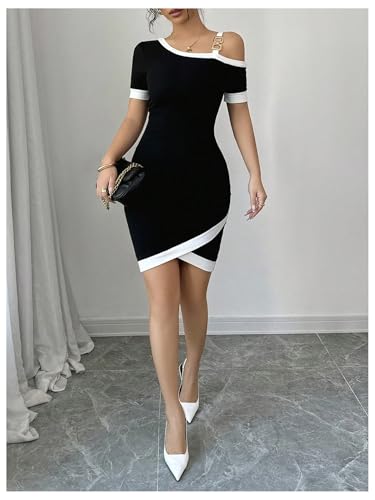 Women's Cold Shoulder Short Sleeve Bodycon Dress Color Block Wrap Summer Dresses