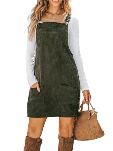 Women Corduroy Fall Dresses Front Bib Pocket Square Neck Wide Strap Casual Overall Mini Dress
