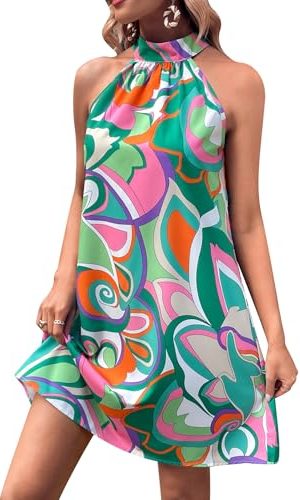Women's Floral Print Tunic Dress Criss Cross Sleeveless Halter Summer Short Dresses