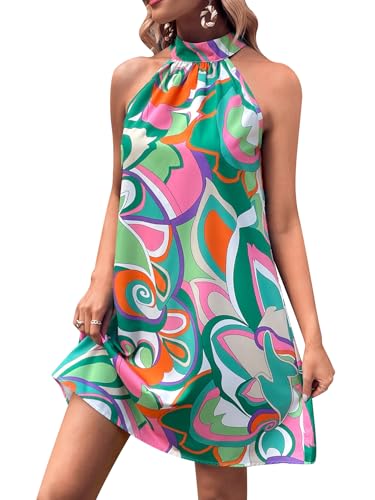 Women's Floral Print Tunic Dress Criss Cross Sleeveless Halter Summer Short Dresses