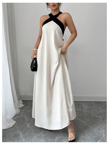 Women's Backless Halter Maxi Dress Summer Bow Tie Flowy Vacation Party Dresses