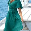 Women's Dresses for Summer V Neck Solid Belt Short Sleeve Knee Length Beach Dress