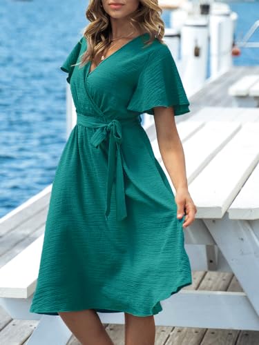 Women's Dresses for Summer V Neck Solid Belt Short Sleeve Knee Length Beach Dress
