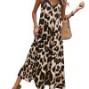 Women's Leopard Print Maxi Dress V Neck Spaghetti Strap Flowy Long Vacation Summer Dresses