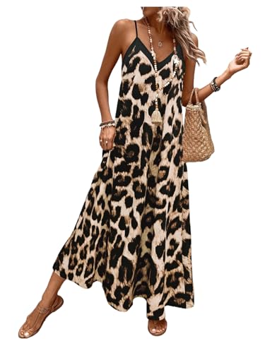 Women's Leopard Print Maxi Dress V Neck Spaghetti Strap Flowy Long Vacation Summer Dresses