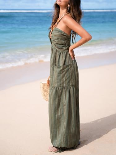 Women's Summer Jumpsuit Plunging Halter Sleeveless Striped Casual Dressy Outfit Wide Leg Pockets Maxi Overall