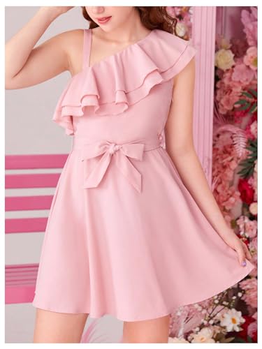 Girl's Sleeveless Ruffle Dresses High Waisted A Line Summer Dress with Belt