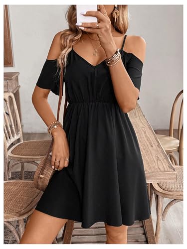 Women's Ruffle Cold Shoulder Dress Cut Out Short Sleeve A Line Summer Dresses