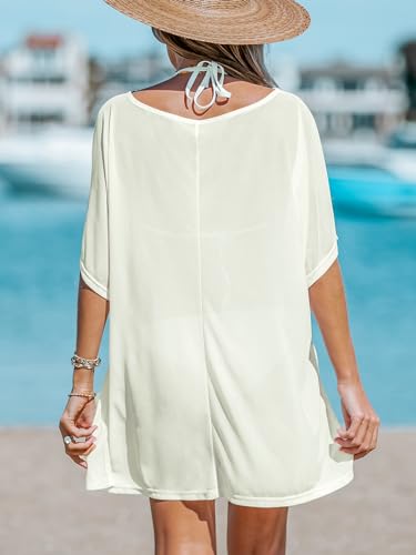 Women V-Neck Slit Mini Cover-Up Dress Casual Summer Short Sleeves Solid Cover Up