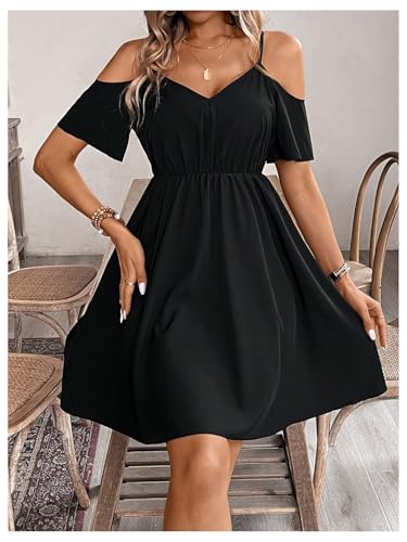 Women's Ruffle Cold Shoulder Dress Cut Out Short Sleeve A Line Summer Dresses