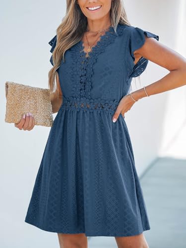 Summer Dress for Women Casual Spring V Neck Lace Appliques Cap Sleeves Hollow Out Beach Mini Dress