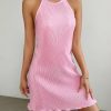 Women's Lettuce Trim Halter Neck Mini Dress Casual Tie Back Party Cami Dress