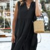 Women's Ruffle Beach Mini Dress Split V Neck A Line Sleeveless Geometric Stripe Tropical Leaf Pattern Summer Dresses
