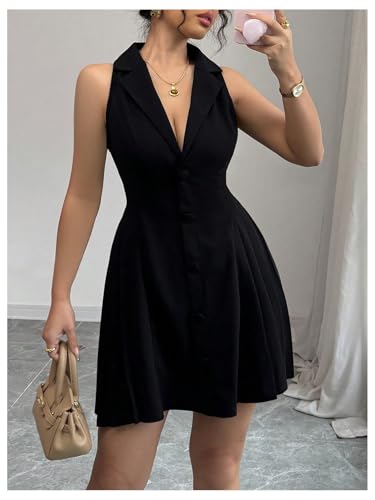 Women's Summer Mini Dress Button Down Sleeveless Collared V Neck Business Casual A Line Dresses