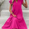 Women's Cap Sleeve Ruffle Hem Long Dress V Neck High Waist Smock Dresses