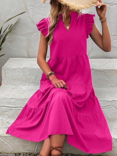 Women's Cap Sleeve Ruffle Hem Long Dress V Neck High Waist Smock Dresses