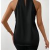 Womens Elegant Twist Front Halter Sleeveless Satin Blouse Keyhole Back Tank Top