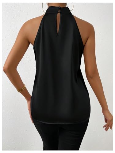 Womens Elegant Twist Front Halter Sleeveless Satin Blouse Keyhole Back Tank Top