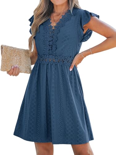 Summer Dress for Women Casual Spring V Neck Lace Appliques Cap Sleeves Hollow Out Beach Mini Dress