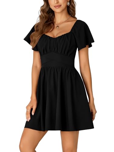 Women's Tie Back Square Neck Wrap Ruffle Short Sleeve Flare Mini Dress
