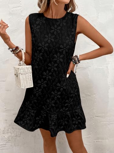 Women's Ruffle Hem Sleeveless Tank Dress Round Neck Casual Jacquard Hem Smock Summer Mini Dresses