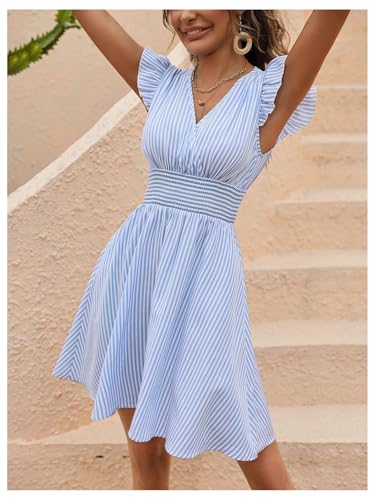 Women's Summer Party Striped Dress Ruffle V Neck A Line Flowy Beach Mini Dresses