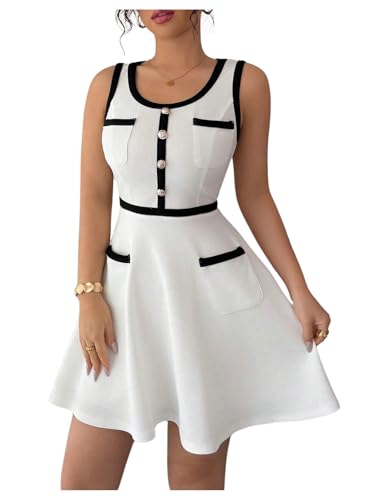 Women's Summer Sleeveless Knitted Mini Dress Button Color Block Party Short Dresses