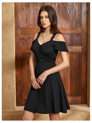 Women's Cold Shoulder A line Dresses V Neck Ruffle Short Sleeve Cut Out Short Dress