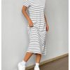 Women's Striped T Shirt Dress Crewneck Short Sleeve Split Hem Summer Midi Dresses