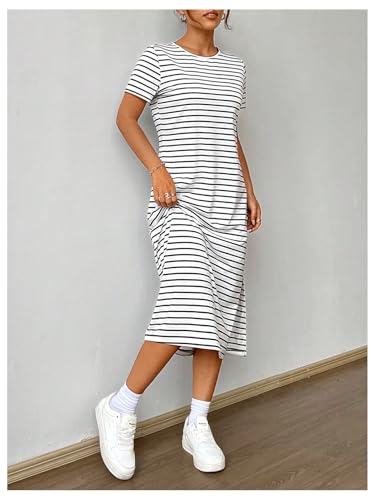 Women's Striped T Shirt Dress Crewneck Short Sleeve Split Hem Summer Midi Dresses