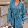 Women's Ruffle Mini Fall Dress Smocked V Neck Tie Waist Long Lantern Sleeve Flounce Hem Casual Autumn Dresses