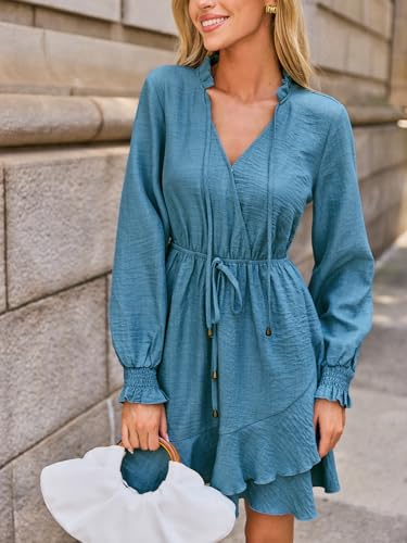 Women's Ruffle Mini Fall Dress Smocked V Neck Tie Waist Long Lantern Sleeve Flounce Hem Casual Autumn Dresses