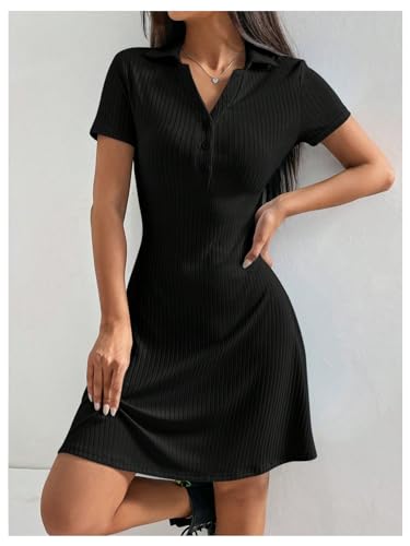 Women's V Neck Short Dresses Short Sleeve Collar Button A Line Dress Work Outfits