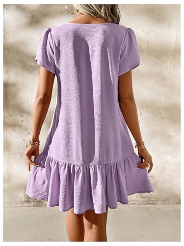 Women's Ruffle Puff Short Sleeve V Neck Textured Summer Short Dresses