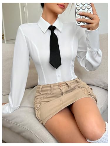 Women's Button Down Long Sleeve Blouse Collared Slim Fit Dress Shirts with Tie