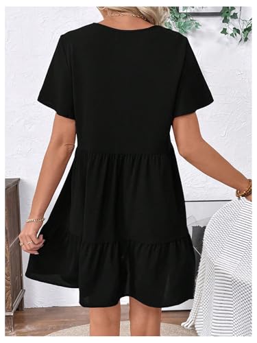 Women's Summer Dress Floral Embroidery V Neck Short Sleeve Ruffle Hem Babydoll Flowy Loose Mini Dresses