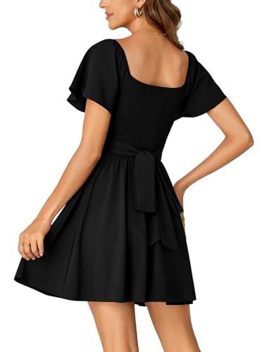Women's Tie Back Square Neck Wrap Ruffle Short Sleeve Flare Mini Dress