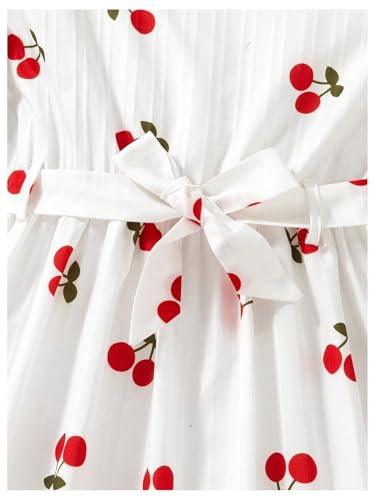 Girl's Cherry Print Short A Line Dress Short Sleeve Belted Flared Dress
