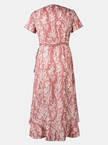 Women Summer Maxi Dress V Neck Short Sleeve Floral Print Wrap Slit Beach Casual Dress