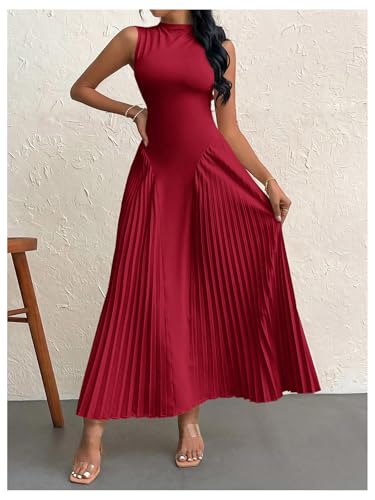 Women's Maxi Dress Sleeveless Pleated A Line Mock Neck Flowy Long Dresses