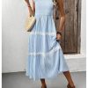 Women's Summer Long Dress Casual Boho Striped Sleeveless Smocked Tiered Ruffle Sundress