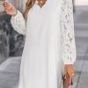 Women's Mini Dress Scalloped V Neck Lace Appliques Long Sleeve Loose Fit A Line Casual Dress