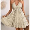 Women's Summer Mini Dress Halter Backless Sleeveless A Line Ruffle Hem Flowy Cami Dresses Sundress